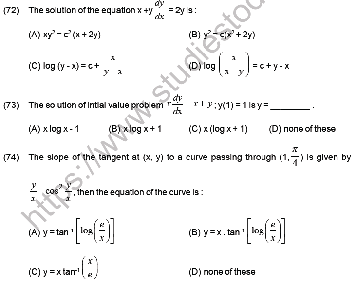 JEE Mathematics Differential Equations MCQs Set B, Multiple Choice ...